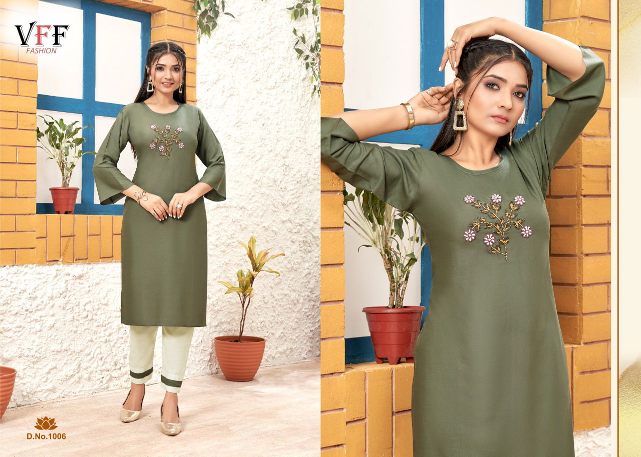 Vff Tulashi Rayon Designer Ethnic Wear Kurti With Pant Collection
